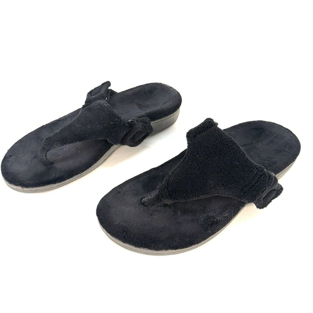 Vionic Sandals Womens 9 Forever Casual Comfort Slip On Thong Wedge Black Fabric